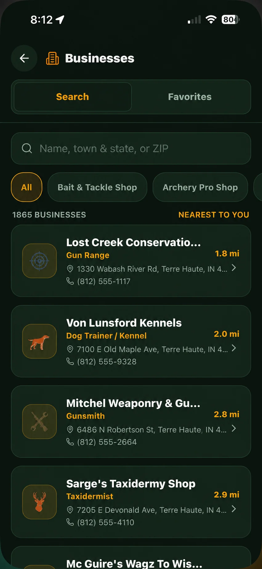 Illustrative HuntGrid business directory showing outdoor businesses and search controls