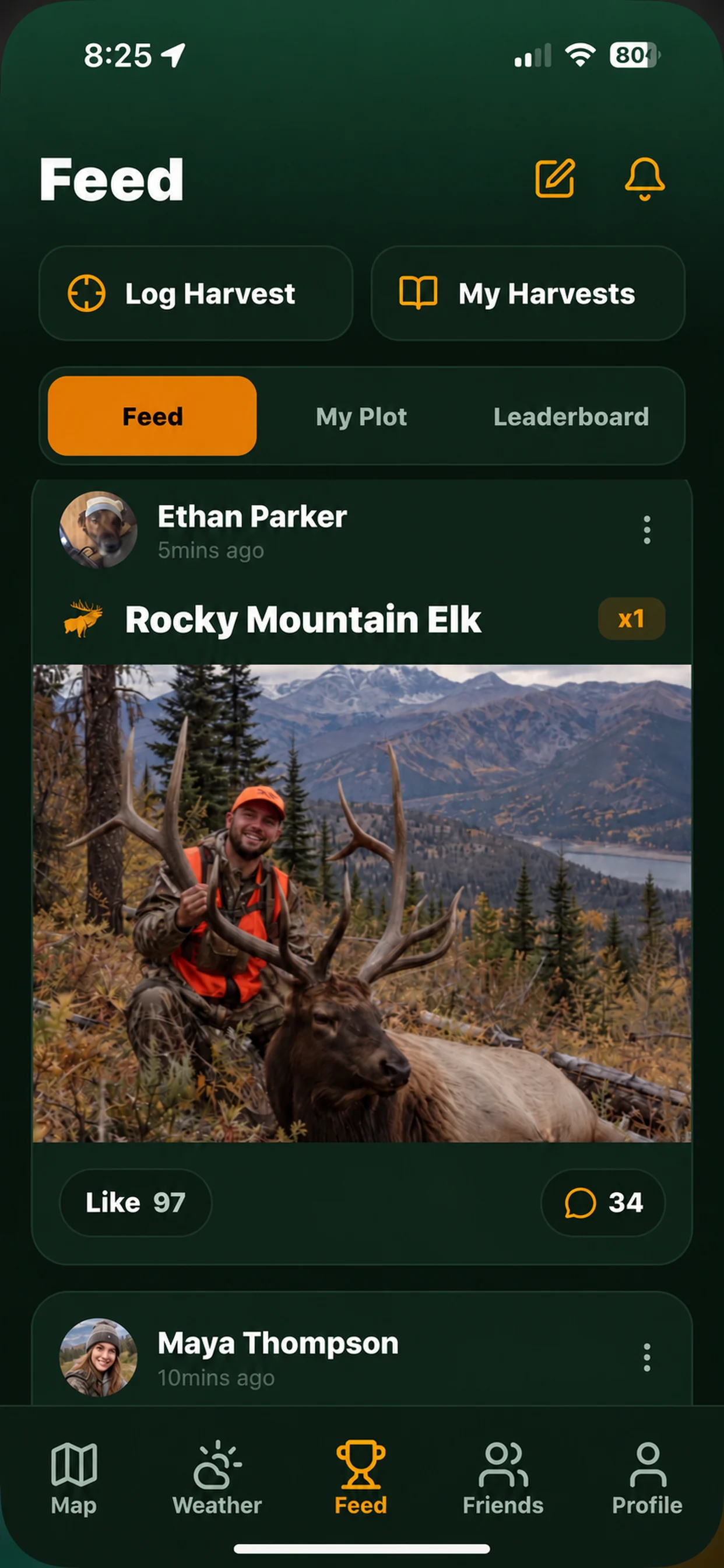 Illustrative HuntGrid app preview showing a harvest post, likes, comments, and the map, weather, feed, friends, and profile navigation