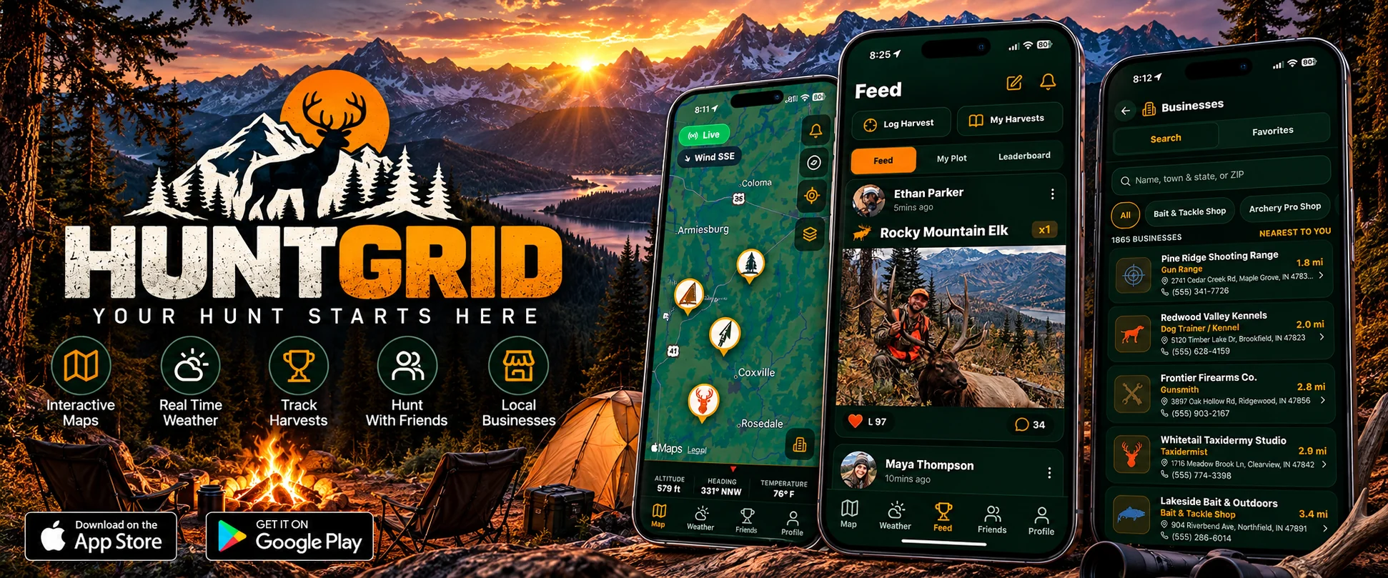 HuntGrid promotional artwork with a mountain campsite and map, feed, and local business app previews